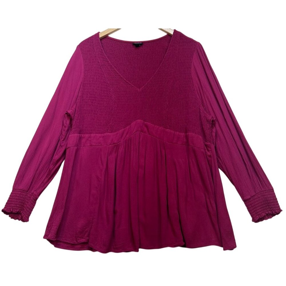 Torrid Women's Babydoll Crinkle Gauze Smocked Top Long Sleeve Size 4 Violet Red
